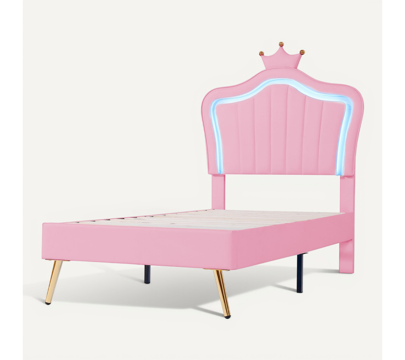 Lit 90x200cm, Lit Simple, Lit Enfant, Tête De Lit, Cadre De Lit, Sommier, LED, Simili-cuir, Rose