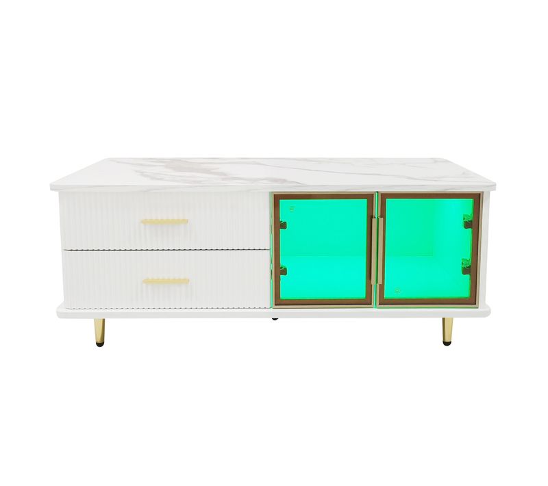 Table Basse 100x50x40 Cm, LED, 2 Portes, 2 Tiroirs, Motif Marbre, Verre Trempé, Mdf, Pb, Blanc+bois