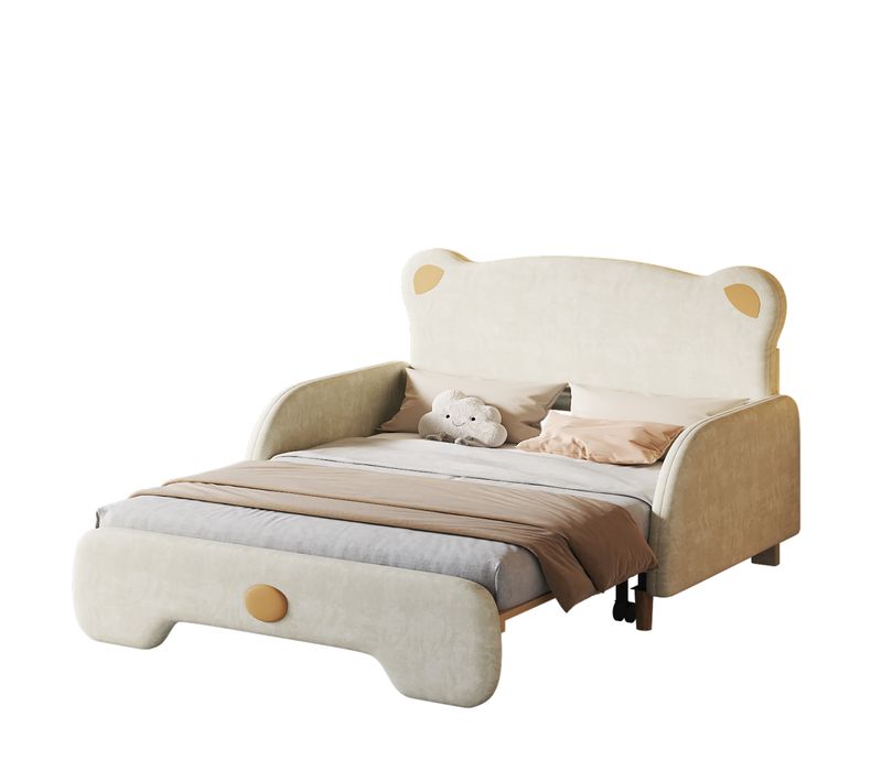 Lit Gigogne Double 140x200 Cm En Forme D'ours, Avec Lattes En Bois, Velours, Beige, Bords Doux