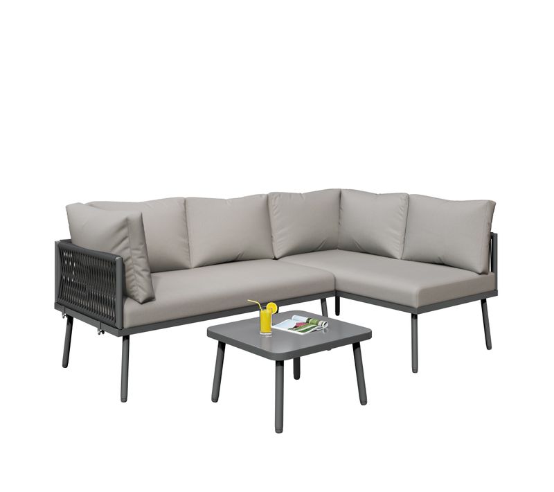 Salon De Jardin 3 Pièces, 2 Canapés 120x60x72 Cm Et 1 Table, Fer, Verre Trempé, Gris