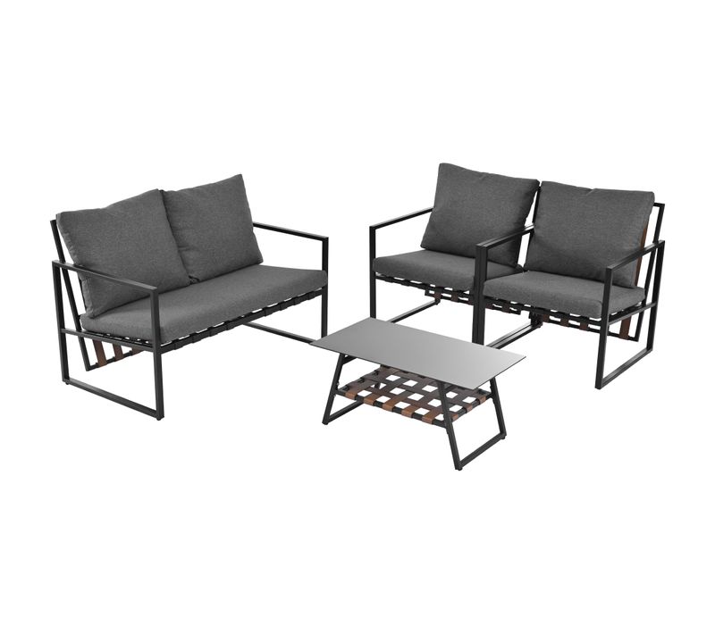 Salon De Jardin 4 Places, Table Basse Rangement, Canapé, Acier Et Pvc, Couleur Noir+gris