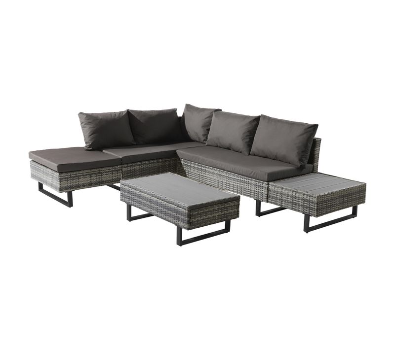 Salon De Jardin, Canapé Modulable Avec Table Basse, Structure Acier, Résine Tressée Pe, Gris