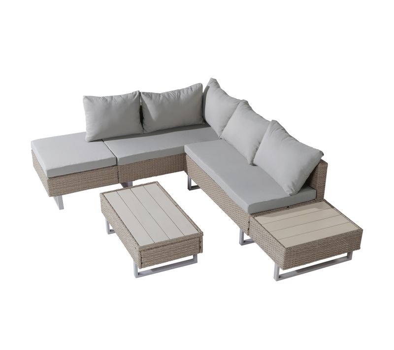 Salon De Jardin, Canapé Modulable Inclinable, Table Basse, Pe Rotin, Acier, Tissu Polyester, Kaki