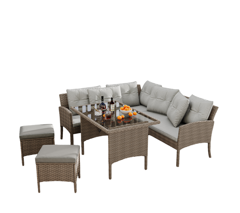 Salon De Jardin 7 Places, Table Repas Avec Plateau Verre, 2 Poufs, Pe Rotin Acier, Couleur Kaki