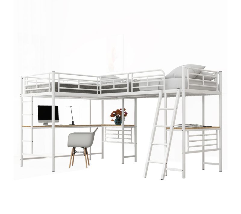 Lit Mezzanine 90x200 Cm, Bureau, 2 Couchages, Double Échelle, Garde Corps, Métal, Mdf, Blanc+bois