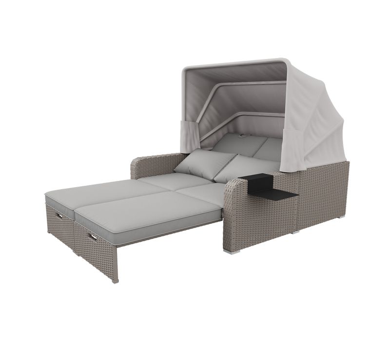 Canapé De Jardin 2 Places, Convertible En Bain De Soleil, Auvent Amovible, Polyrotin, Kaki