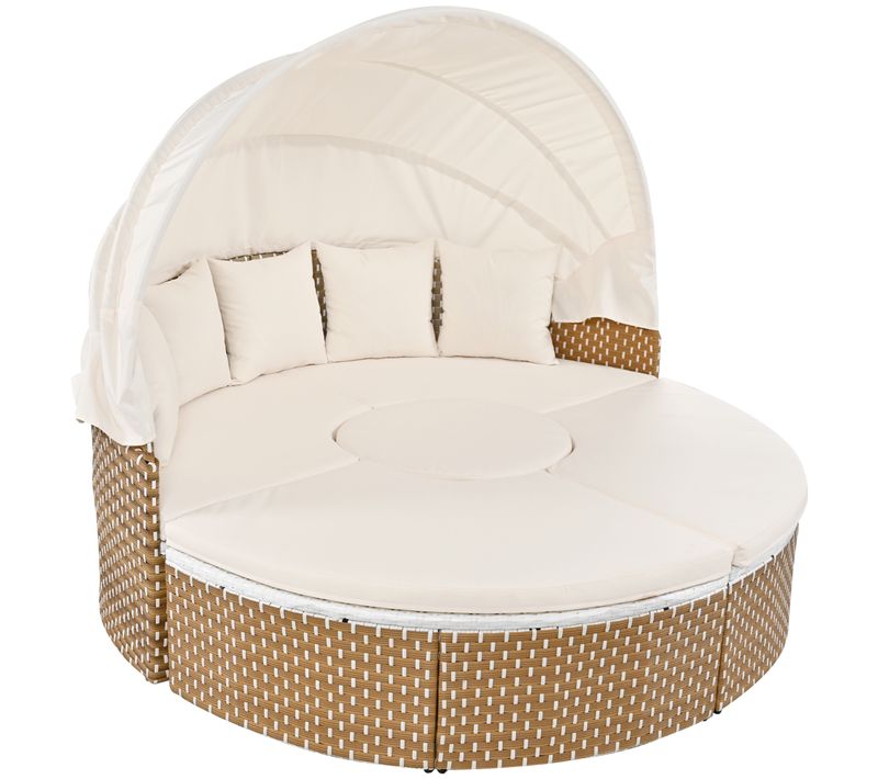 Bain De Soleil Ronde 170 Cm, Table Relevable, Coussins, Polyrattan Et Acier, Beige+bois