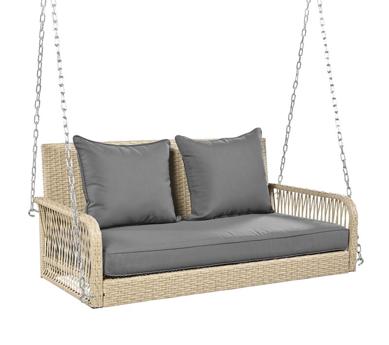 Balancelle De Jardin 114x54x53 Cm, 2 Places, Chaî﻿nes Métal, Rotin, Couleur Beige Et Gris