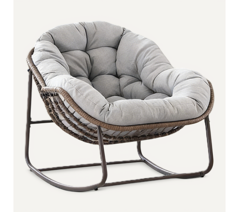 Fauteuil à Bascule 111x94.5x80 Cm, Siège Large, Coussin 15 Cm, Acier Et Rotin, Gris Clair