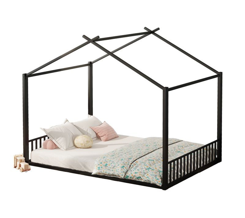 Lit Enfant Double 140x200 Cm, Lit Cabane Moderne, Design Simple, Forme Maison Ludique, Métal Noir