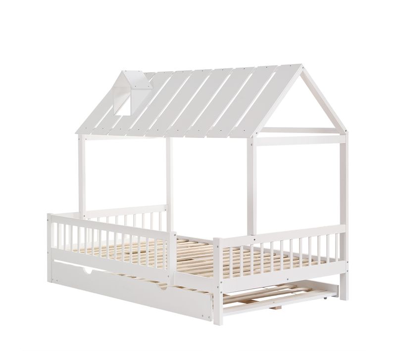 Lit Gigogne 120x200+120x190 Cm, 2 Couchages, Toit Et Barrière 3 Côtés, Bois, Mdf, Blanc