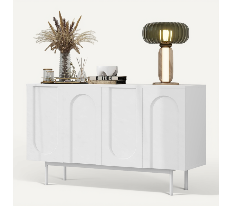 Buffet Bas 140x42x80 Cm, Portes Arquées à Motif Symétrique, Mdf Et Pb, Pieds Métal, Blanc