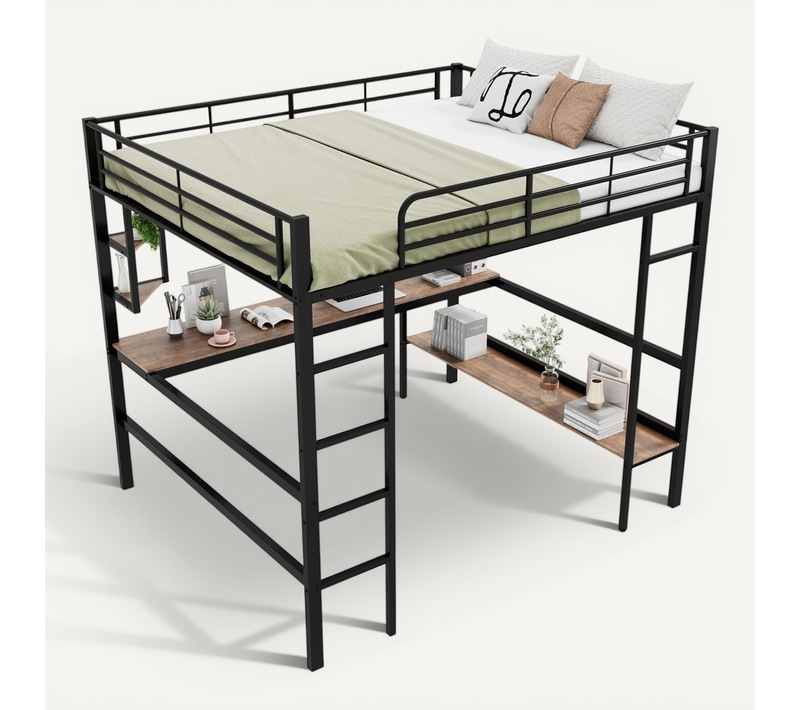 Lit Mezzanine Enfant 140x200 Cm Avec Bureau Et Rangement, Lit Double Simple, Métal Et Mdf, Noir
