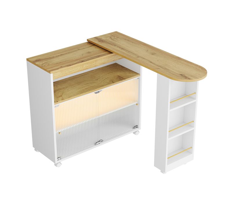 Table De Bar Extensible 138-204x39x105 Cm, LED, Rangement, Mdf, Mobile Sur Roulettes, Blanc+bois