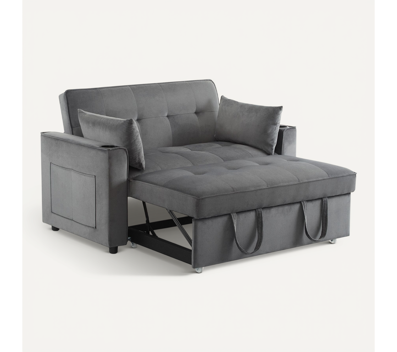 Canapé Convertible 137x163x83 Cm, Dossier Réglable 3 Positions, Métal, Bois, Velours, Gris