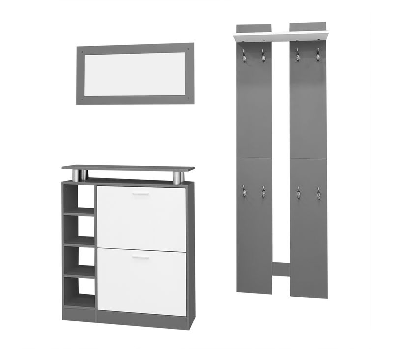 Ensemble D'entrée, Miroir, Meuble à Chaussure, 2 Panneaux Muraux, Panneaux De Particules, Gris+blanc