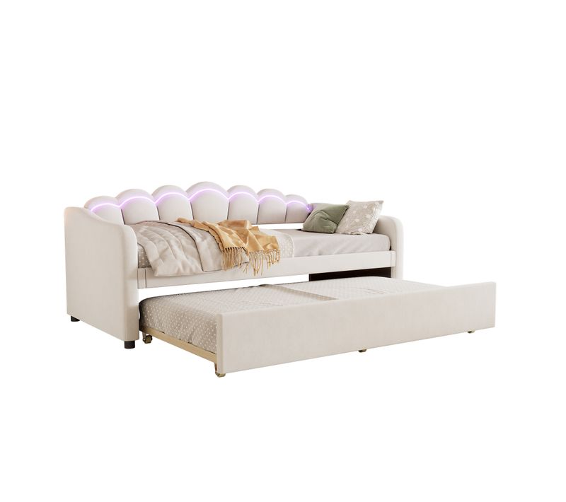 Lit Gigogne 90x200cm+90x190cm, Lit 2 En 1 Extensible Avec Éclairage LED, Velours Et Mdf, Beige