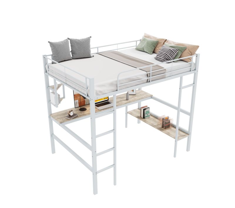 Lit Mezzanine Enfant 90x200 Cm Avec Bureau, Bibliothèque, Métal Et Mdf, Blanc