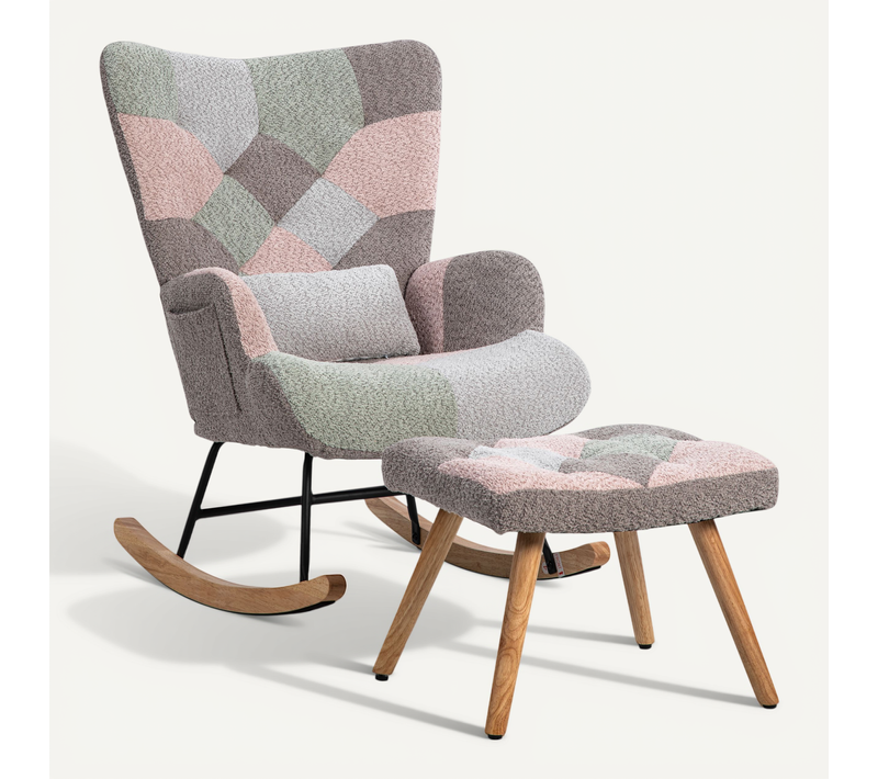 Fauteuil Rocking-chair,avec Repose-pieds,coussin Lombaire,bois+métal,flanelle,multicolore