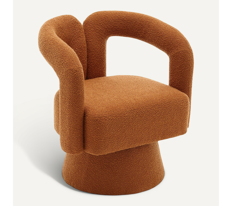 Fauteuil Pivotant 360 Degrés 67x55x74cm, Dossier Enveloppant, Bouclé, Couleur Orange, Base Métal