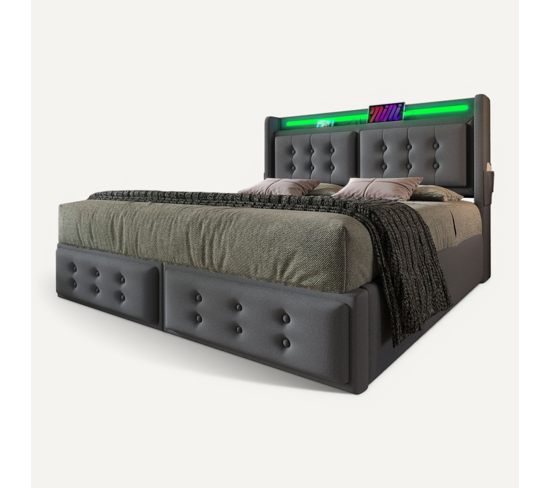 Lit Double 160x200 Cm, LED Et Ports USB C, 4 Tiroirs, Métal, Bois, Coton-lin, Gris