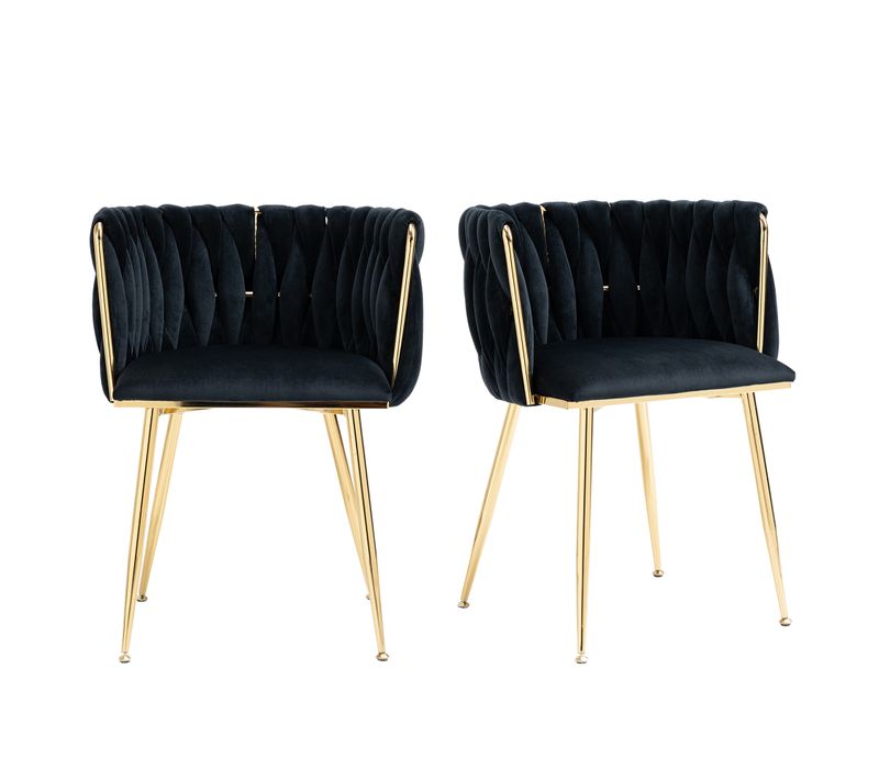 Lot De 2 Chaises 55.5x41x74 Cm, Dossier Tissé En Demi-arc, Pieds Métal, Velours, Noir+doré
