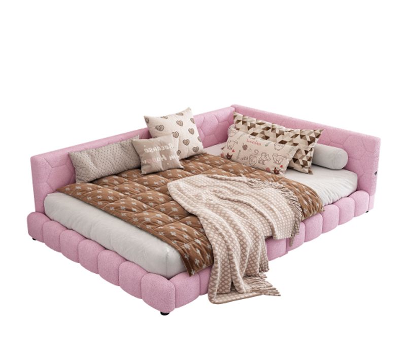 Canapé-lit Double 140x200 Cm Avec LED, Ports USB Et Type C, Lit Adulte, Tissu Bouclette Rose
