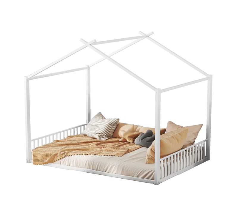 Lit Enfant Double 140x200 Cm, Lit Cabane Moderne, Design Simple, Forme Maison Ludique, Métal Blanc