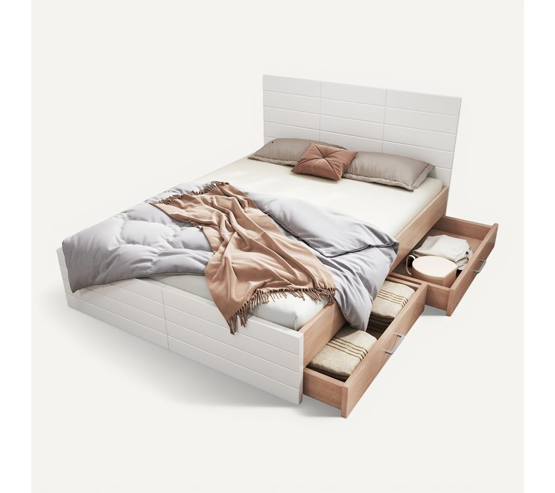 Lit Double 160x200 Cm, 2 Tiroirs Modulables Et Grand Rangement, Bois Et Mdf, Blanc Et Chêne Clair