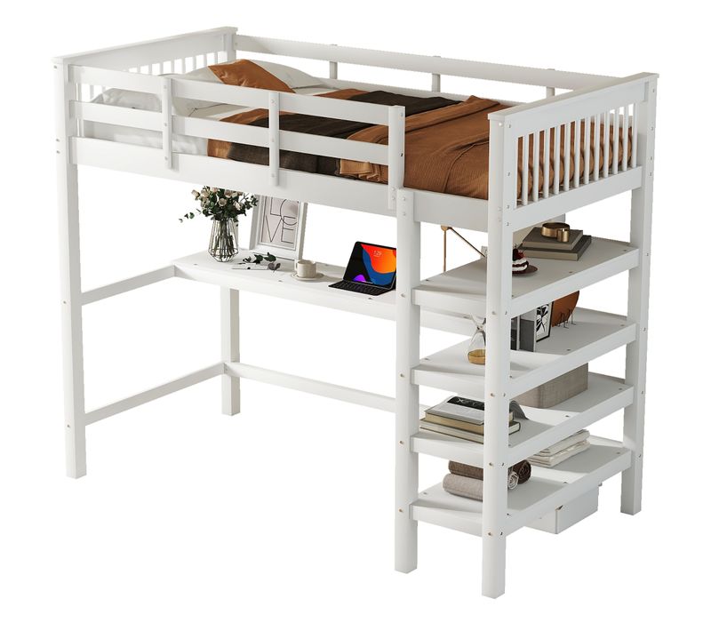 Lit Mezzanine Double 90x200 Cm, Bureau, Barrières De Sécurité, 4 Étagères, Bois De Pin Et Mdf, Blanc