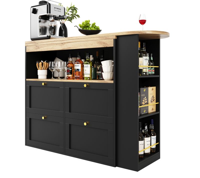 Table De Bar 138x39x104 Cm, 4 Tiroirs, 4 Compartiments, Rotative 360 Degrés, Mdf, Noir+bois