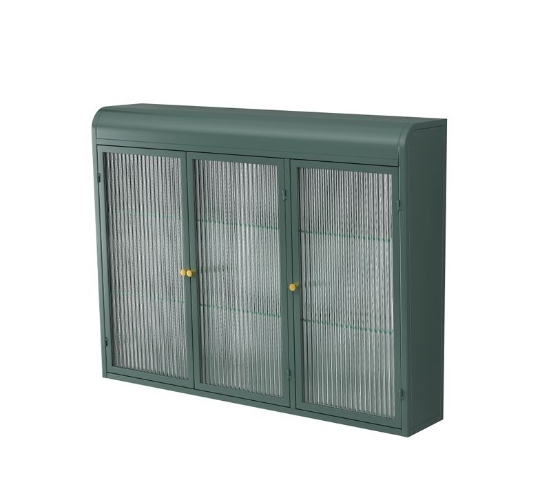 Vitrine Murale 3 Portes 90x20x70 Cm, Design Arqué, Verre Et Métal, Couleur Vert Foncé