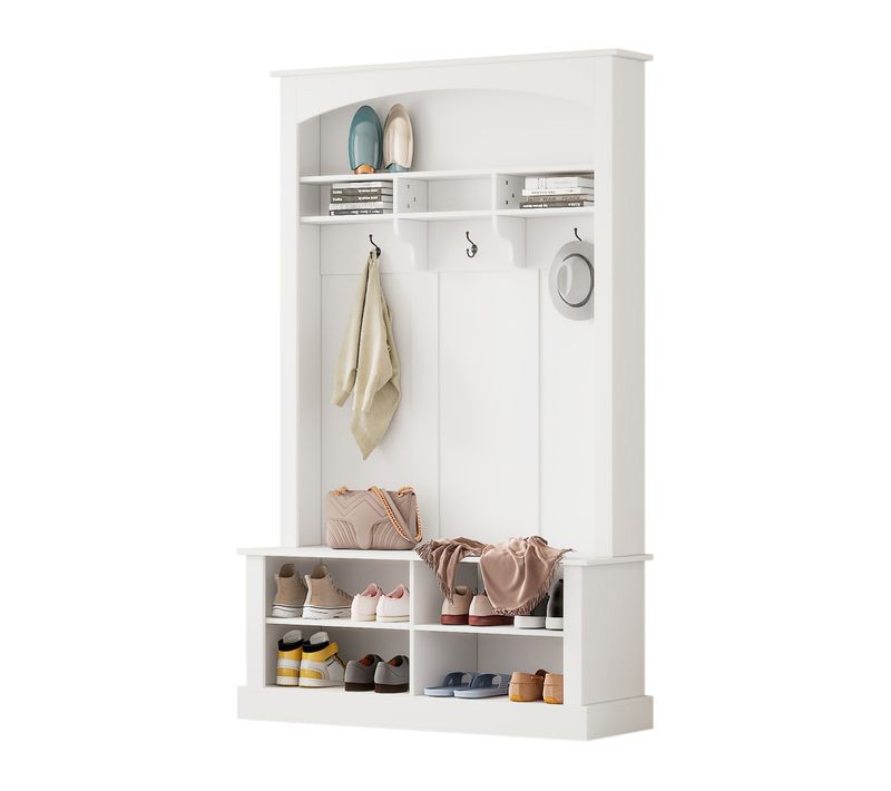 Meuble D'entrée 3 En 1, 120x40x190 Cm, Portemanteau, Banc Et Étagères, Panneau De Particules, Blanc