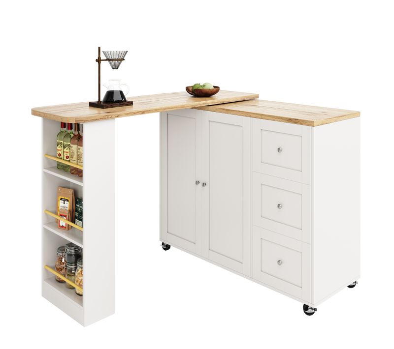 Bar Haute Rotative 135-203 X 39 X 106 Cm Avec Roulettes, Pivotant à 360 Degrés, Mdf, Blanc