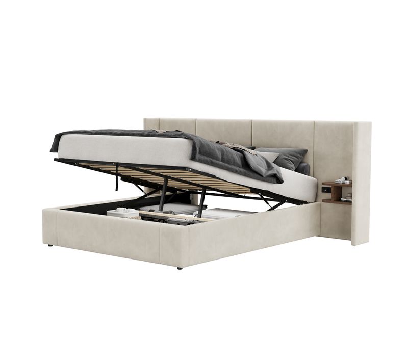 Lit Coffre 160x200 Cm, Prises Et Ports USB, Rangement Caché, 2 Chevet, Bois, Velours, Beige