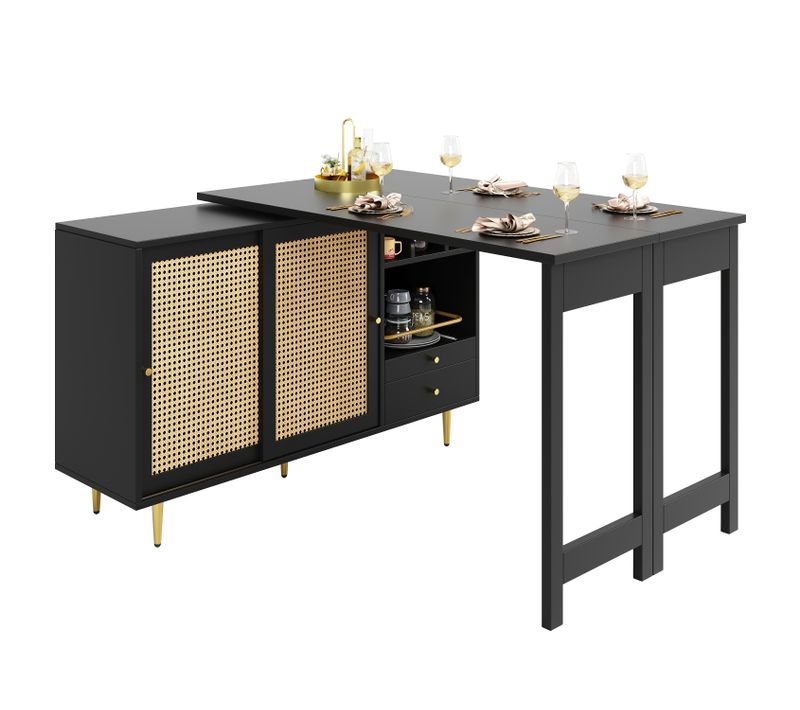 Table De Bar Tournante Extensible 187x40x76 Cm, 2 Portes, 2 Niches, 2 Tiroirs, Mdf, Couleur Noire