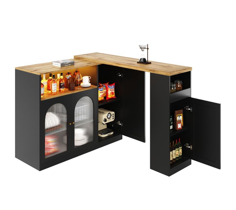 Bar Rotatif 360 Degrés 197 X 39,6 X 100 Cm Avec Rangement Et LED, Extensible, Verre, Mdf, Noir