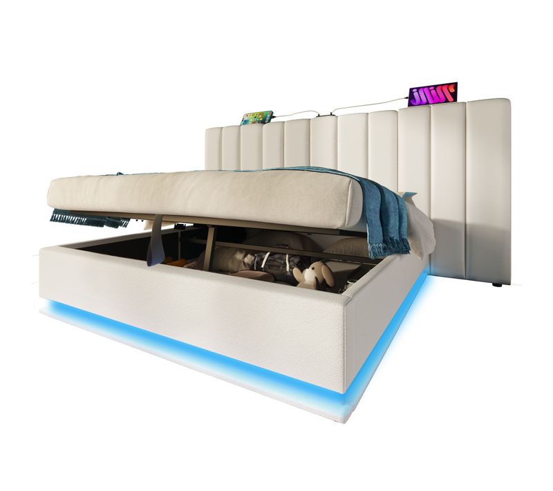 Lit Coffre 180x200 Cm, Rangement Caché, LED 360 Degrés Et Ports USB Type C, Métal, Bois, Pu, Blanc