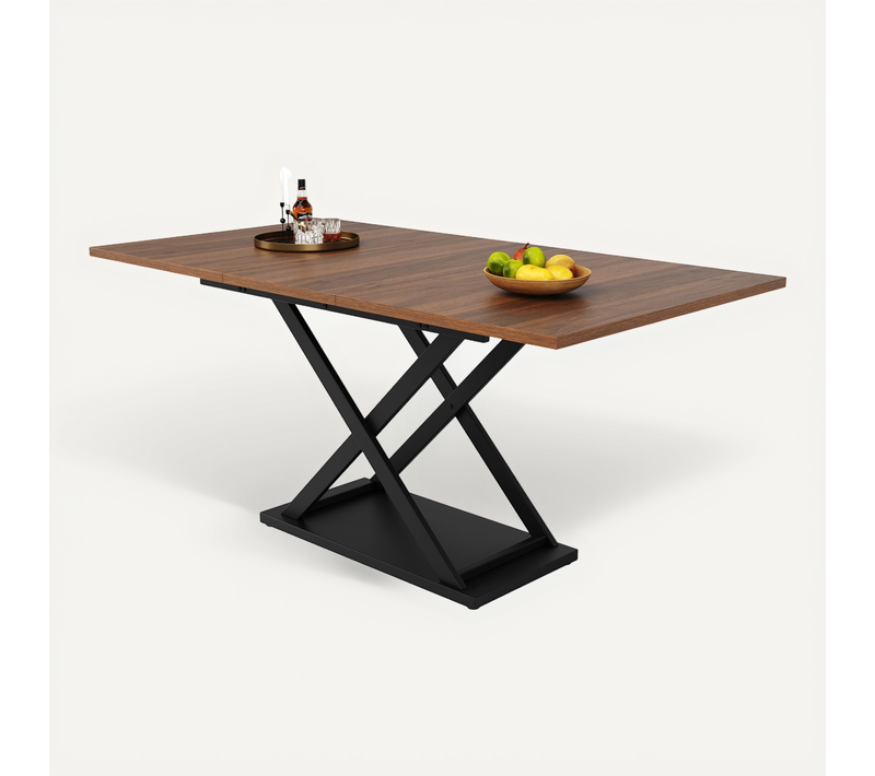 Table à Manger Extensible 120-160x80x75 Cm, Motif Bois, Pieds Croisés Mdf, Métal, Marron, Noir