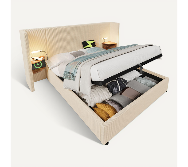 Lit Coffre 160×200cm, Ports USB Et Type-c, 2 Chevet, Métal, Bois, Velours Côtelé, Beige + Brun