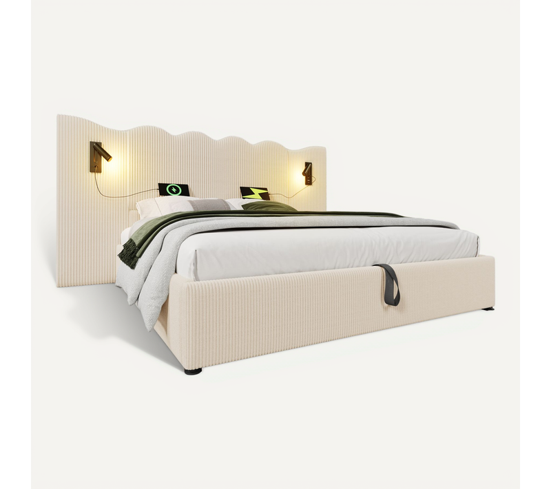 Lit Coffre 180x200 Cm, Lampe Liseuse Orientable, Ports USB C, Bois Et Métal, Beige