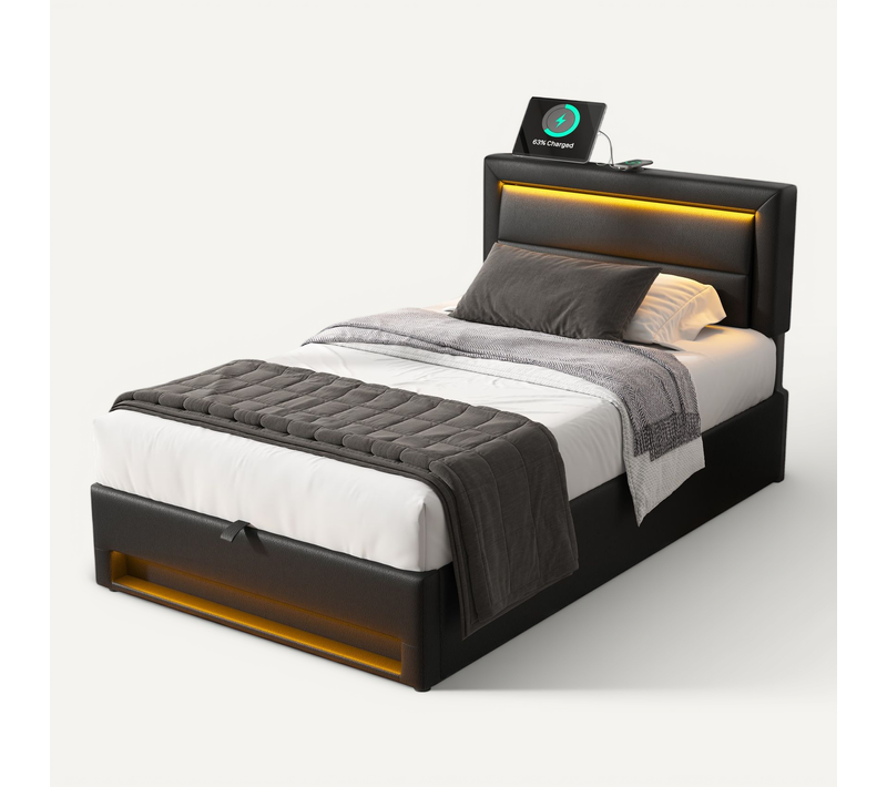 Lit Coffre 90x190 Cm, Lit Simple, Ports USB Avec Charge Sans Fil Et LED, Polyuréthane, Noir