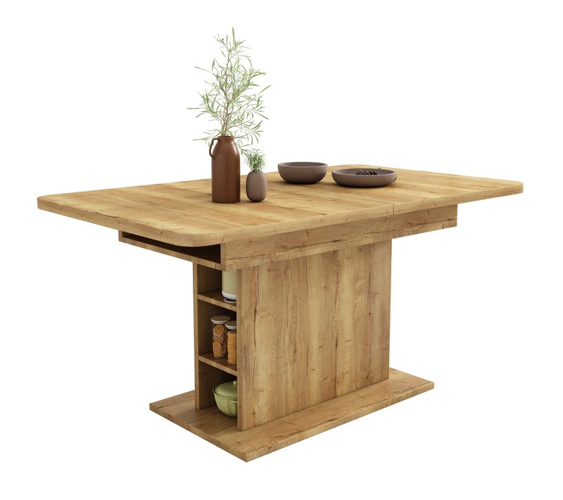 Table à Manger Extensible 110/130x70x75 Cm, Rangement Ouvert, Panneau De Particules Et Métal, Bois
