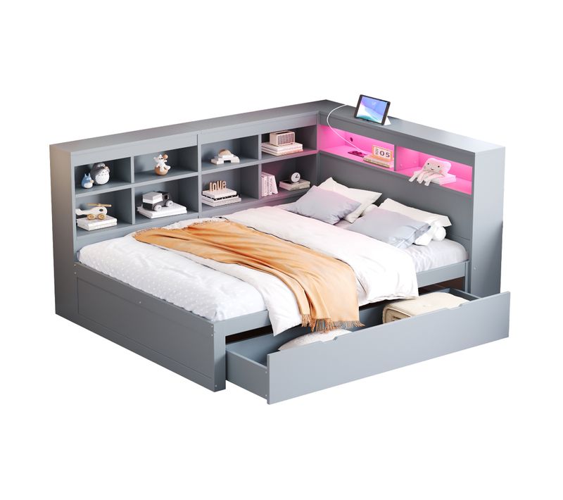 Lit Double 140x200 Cm, Multifonction Avec Grand Tiroir Et Prise USB, Bois, Mdf, Couleur Gris