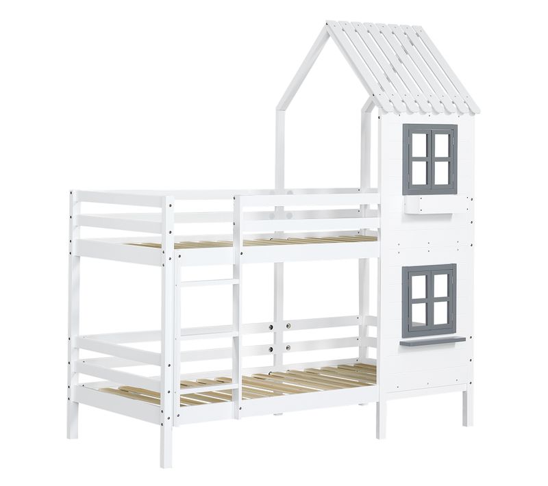Lit Superposé 90x200 Cm, Fenêtres Et Rambarde De Sécurité, Cadre En Bois Et Mdf, Blanc Et Gris