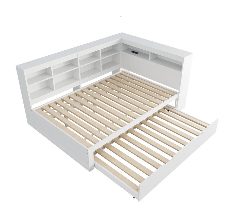 Lit Gigogne Double 140x200+90x190 Cm, 2 En 1, Prise USB, 10 Niches, Bois, Mdf, Blanc