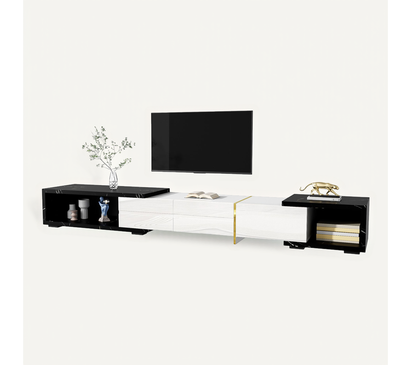 Meuble TV 140 / 260x40x30 Cm, Motif Marbre, 2 Niches,  Mdf, Panneaux De Particules, Blanc, Noir