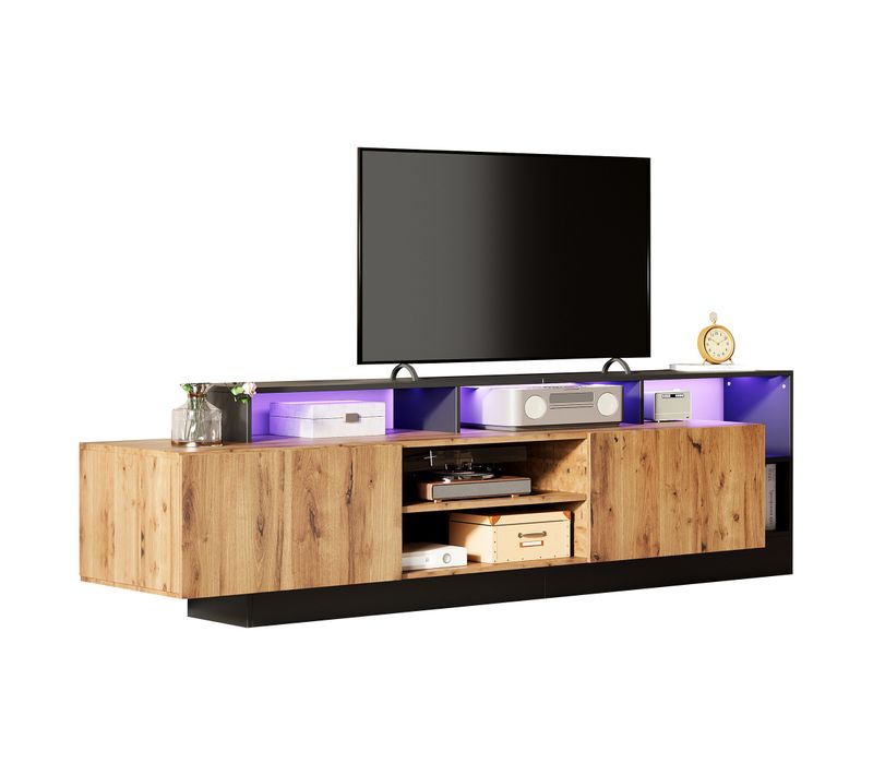 Meuble TV 190x40x48,5 Cm, Motif Bois, LED, 2 Portes, 2 Niches, Panneaux De Particules, Noir, Marron