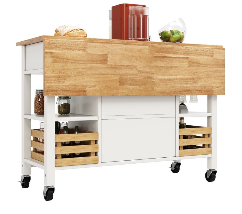 Desserte, Îlot De Cuisine 120x45/73x90 Cm, Plateau Rabattable, Panier Coulissant, Mdf, Blanc, Bois