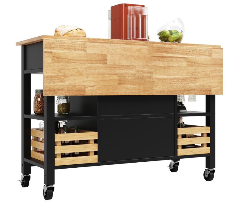 Desserte, Îlot De Cuisine 120x45/73x90 Cm, Plateau Rabattable, Mdf Imitation Bois, Noir Et Bois